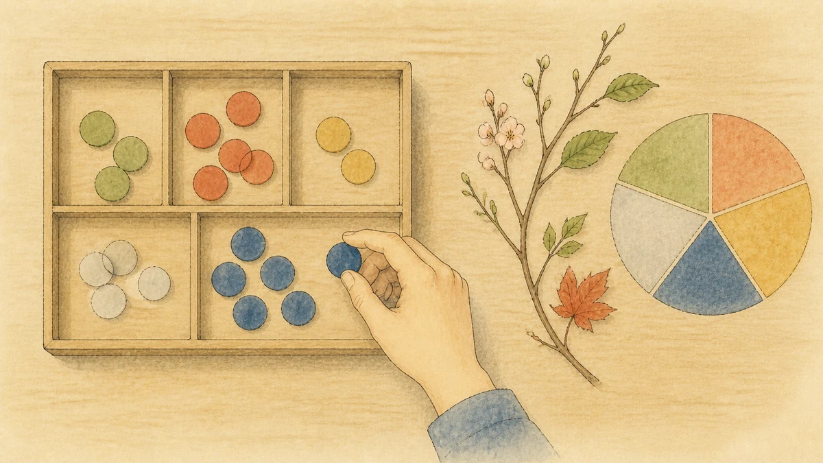 五色の札を数える表と季節の枝を、片手で見比べながら命式の配分を確認する彩墨画