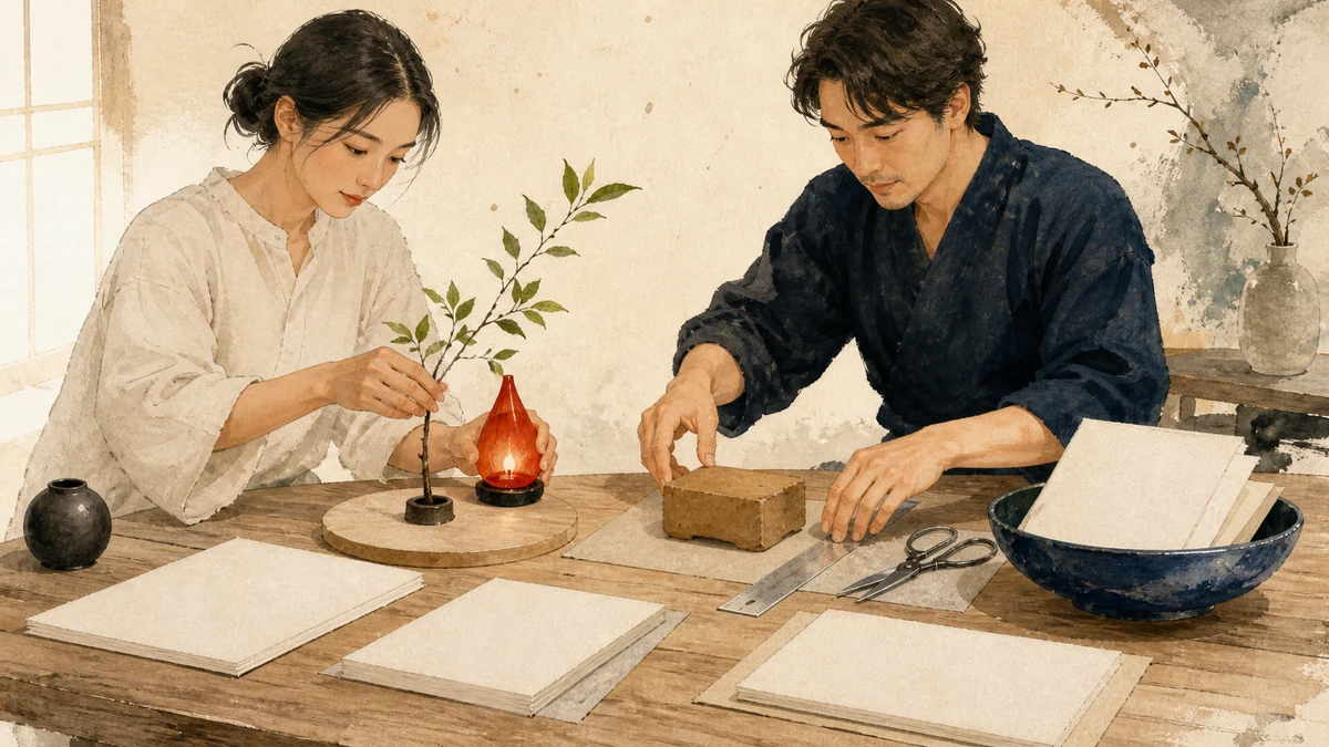 五行の異なる道具を、企画・発信・運用・確認・調査の仕事へ分担して並べる二人の彩墨画