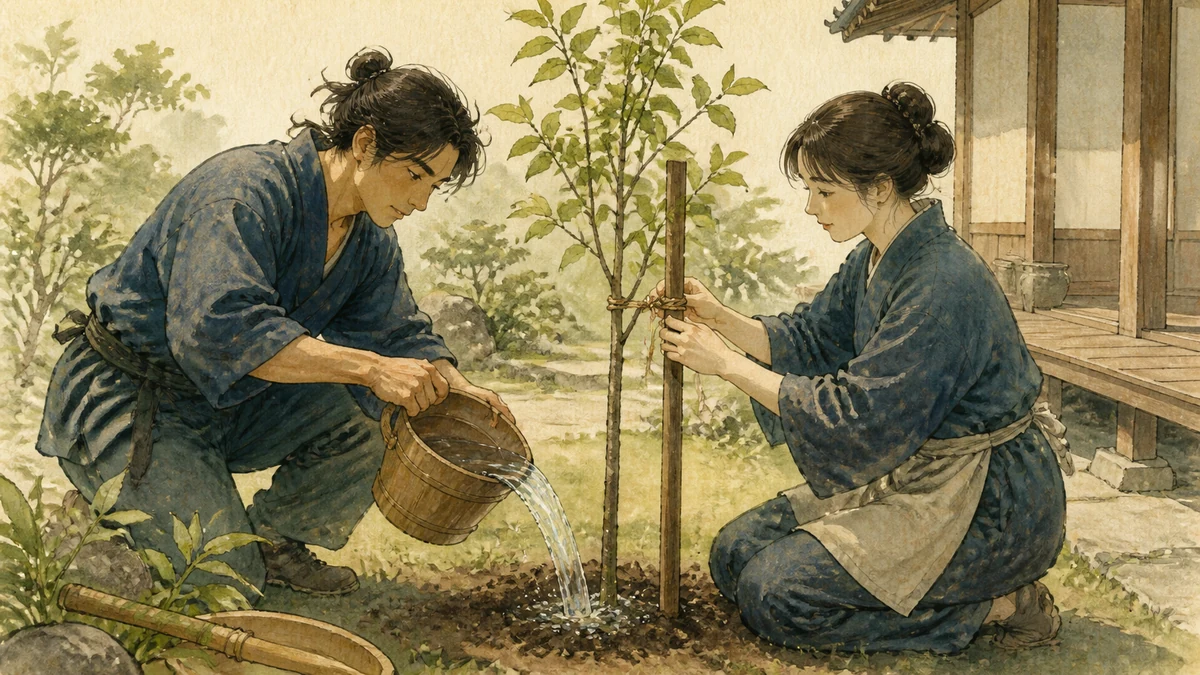 水を注ぐ人と苗を支柱へ結ぶ人が、若木を異なる役割で一緒に育てる彩墨画