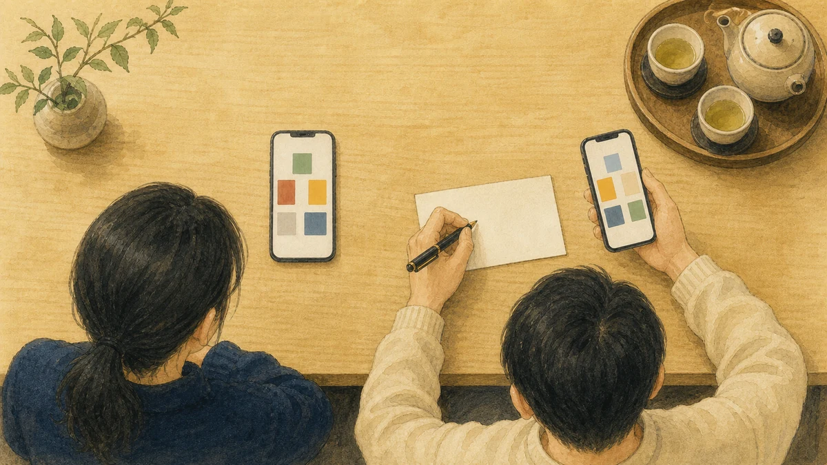 右側の人が右手でスマートフォンを持ち、左手で無地のカードへ相談事項を書きながら五行診断結果を見比べる彩墨画
