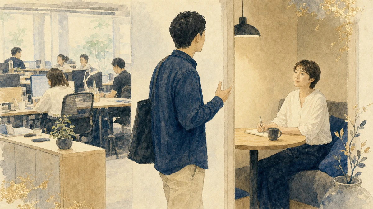 慌ただしい職場から静かな場所へ移り、中立な聞き手と対話して明確さを比べる様子