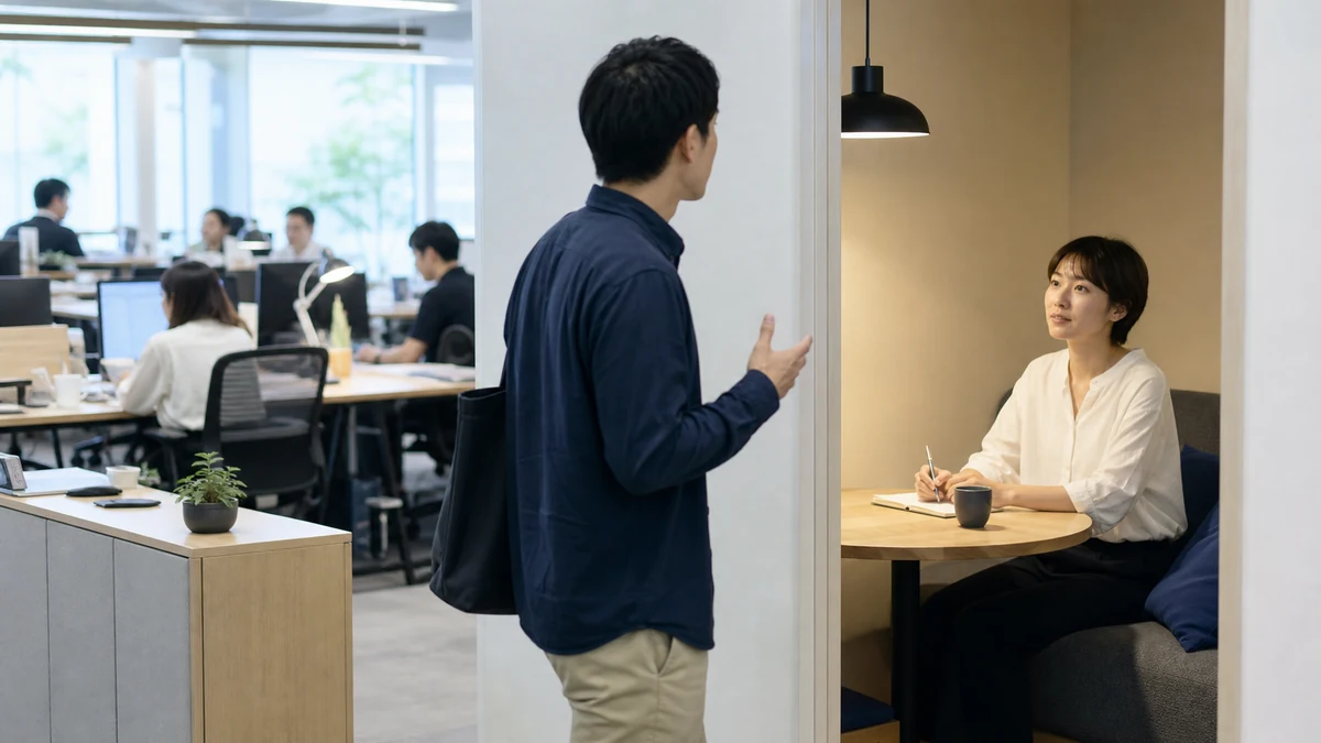 慌ただしい職場から静かな場所へ移り、中立な聞き手と対話して明確さを比べる様子