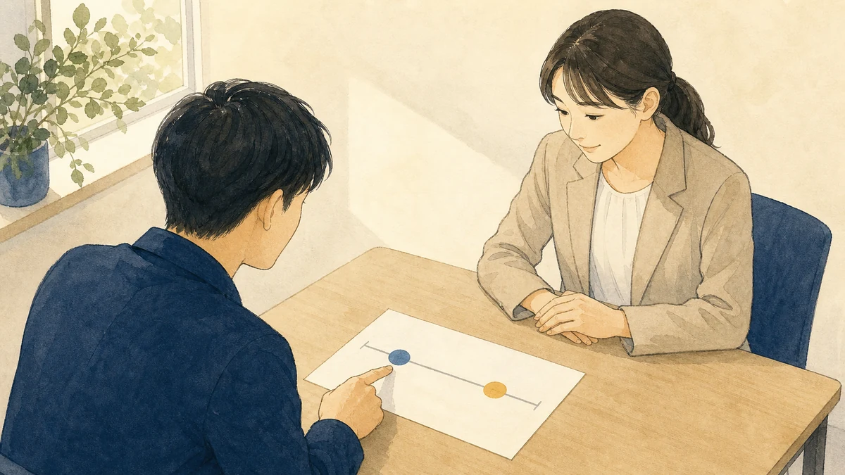 返答日と途中の確認日を示す二つの印を見ながら、検討期間を共有する二人