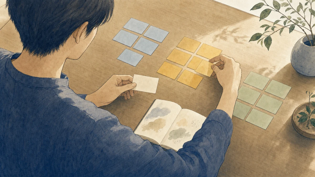 一周分のメモを色ごとに並べ、繰り返し現れた条件を整理する人