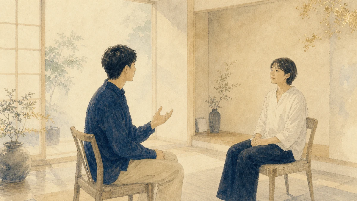 助言や採点をせず、話し手の言葉が戻る余白を保って静かに聞く二人