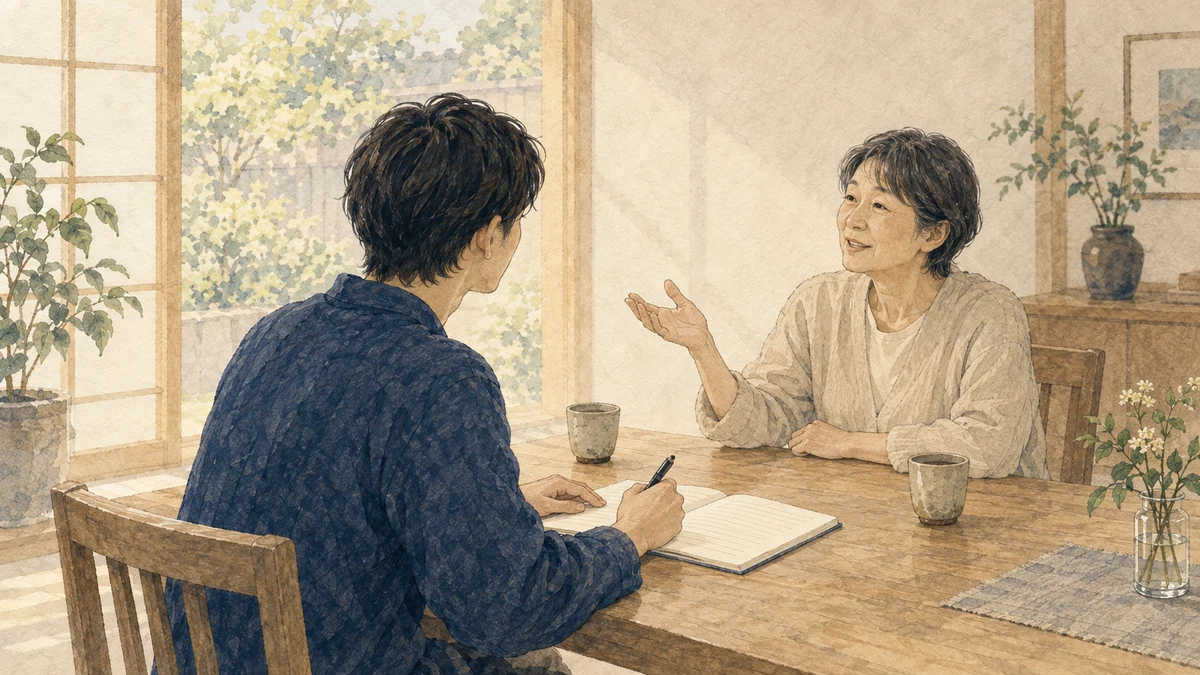 家族の出生時の記憶を聞きながら、手元のノートへ根拠と時間帯を書き留める
