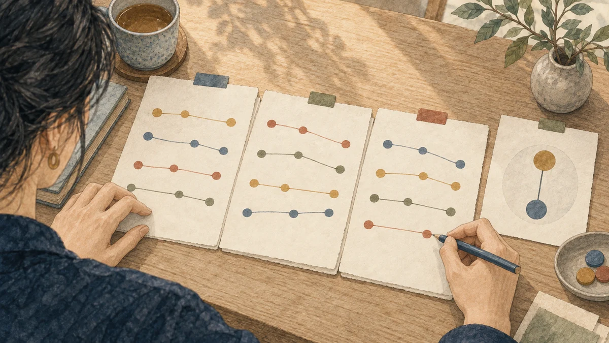 複数の日の記録を並べ、ゲートのテーマが繰り返す条件を比較する様子