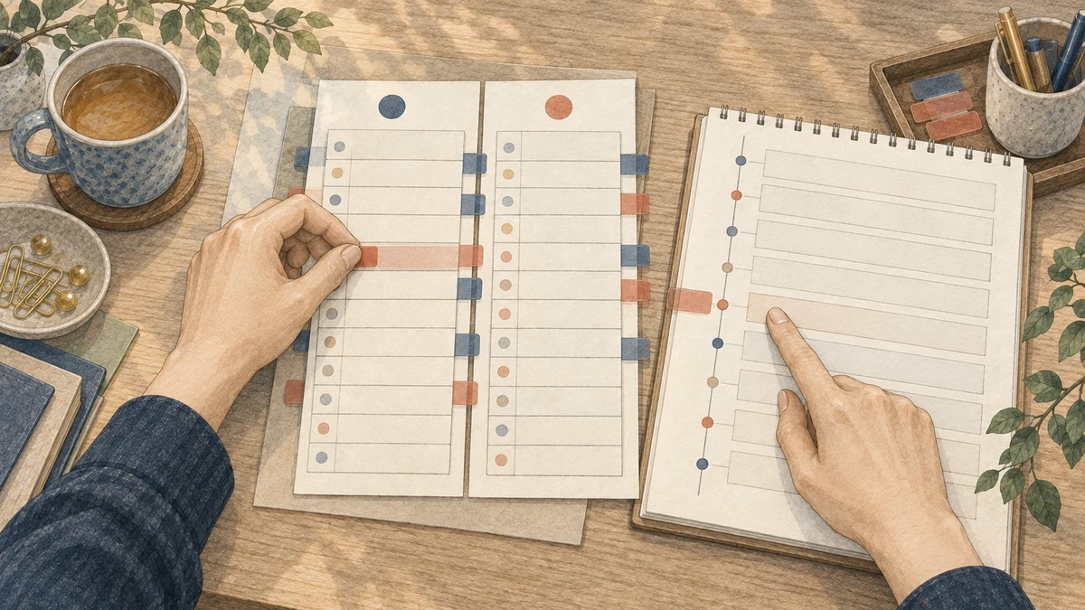 二つの色で分けたゲート記録を見ながら、人物が日常の出来事を時系列ノートへ書き込む様子