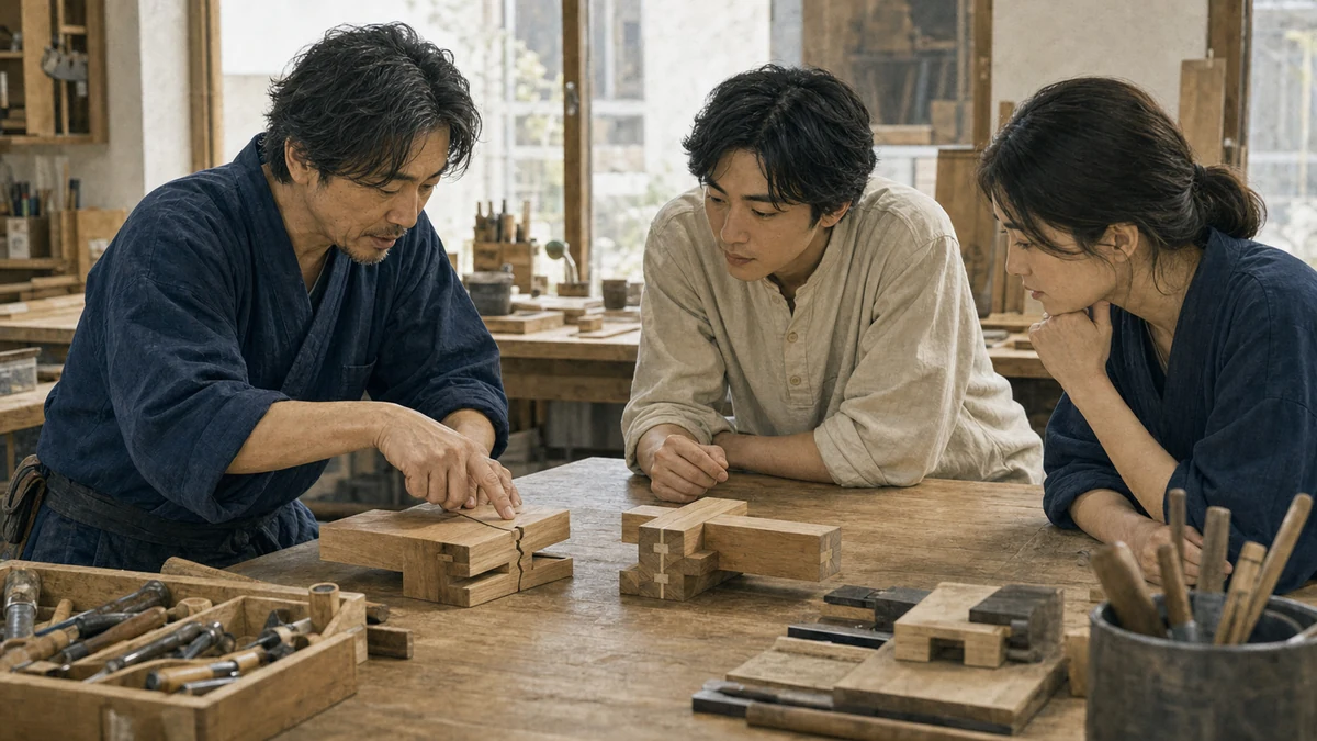 ひび割れた木製ジョイントを補強した修正版と並べ、壊れた接続部を同僚へ示す作業者