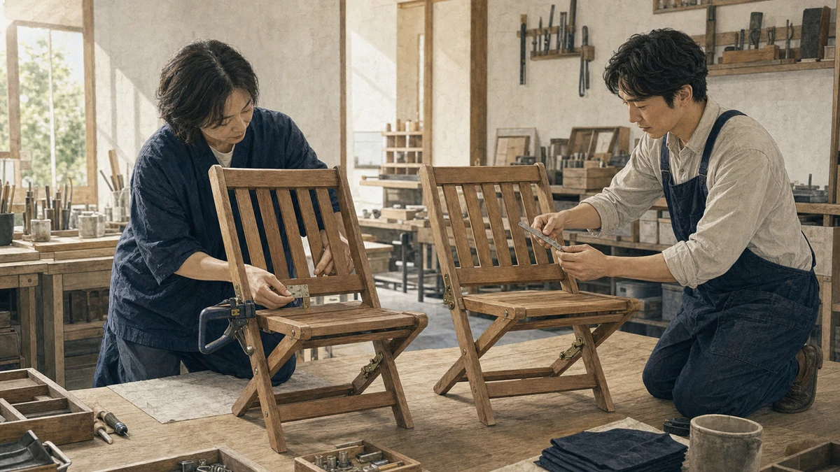 正常な折りたたみ椅子を残し、隣の椅子で交換可能な蝶番だけを測って試す二人