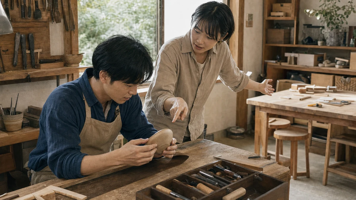 静かな木工房で、作品の細部を指し示しながら共同作業へ声をかける同僚と、手元の作品を確かめる制作者