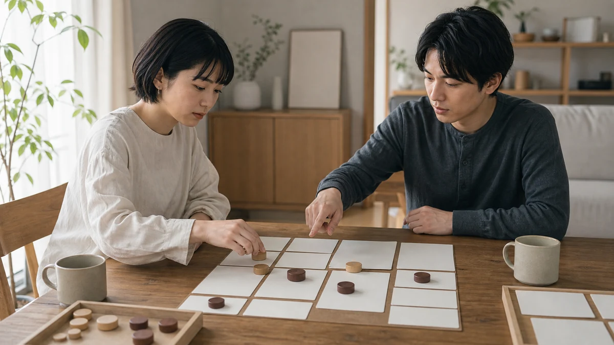 生活リズムの違いを数字だけで判断せず、無地の予定カードと木製トークンを動かしながら話し合う二人