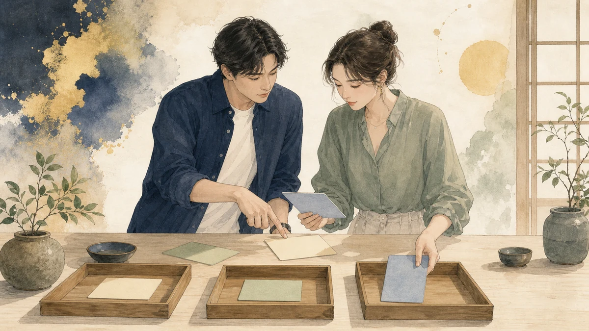 二人の担当者が作業台で完成した成果物を確認し、決定・相談・引き継ぎの三つのトレーへ無地のカードを分けている場面