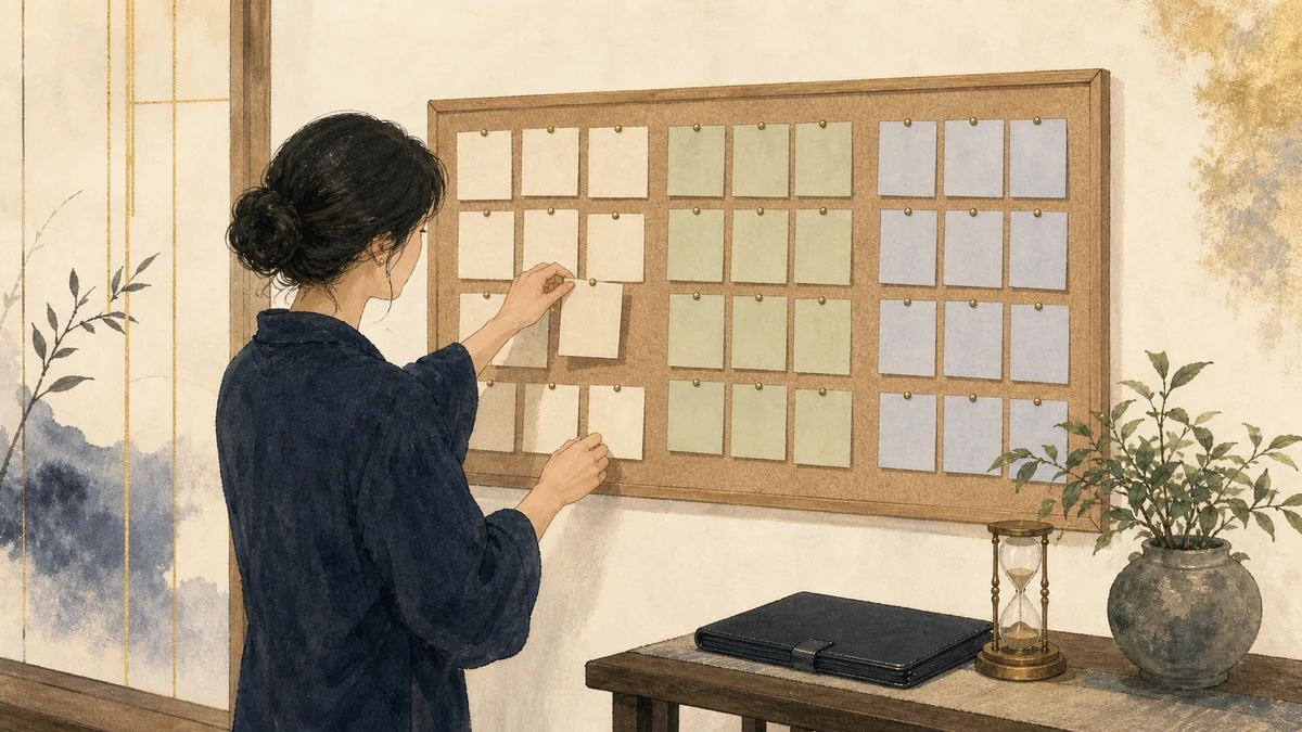 一人が30日分の無地の役割カードを壁面ボードで整理し、継続・条件変更・引き継ぎの三つの束へ移している場面