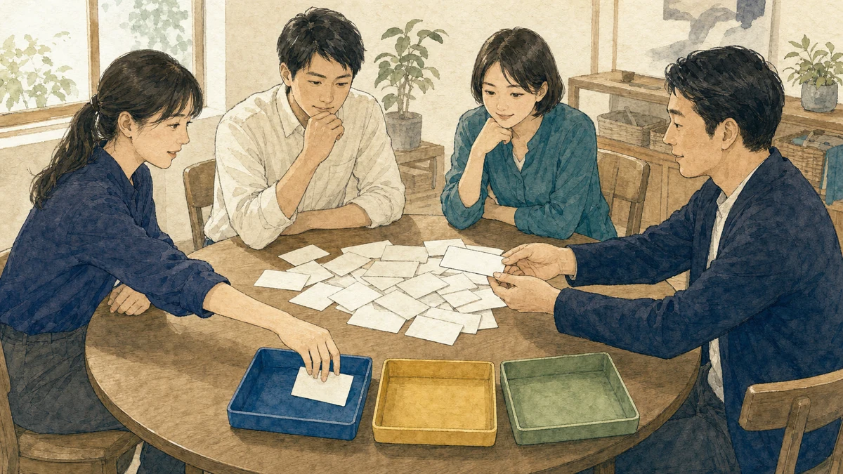 4人の参加者が会議の無地カードを決定・担当・期限に対応する色分けトレイへ移している場面