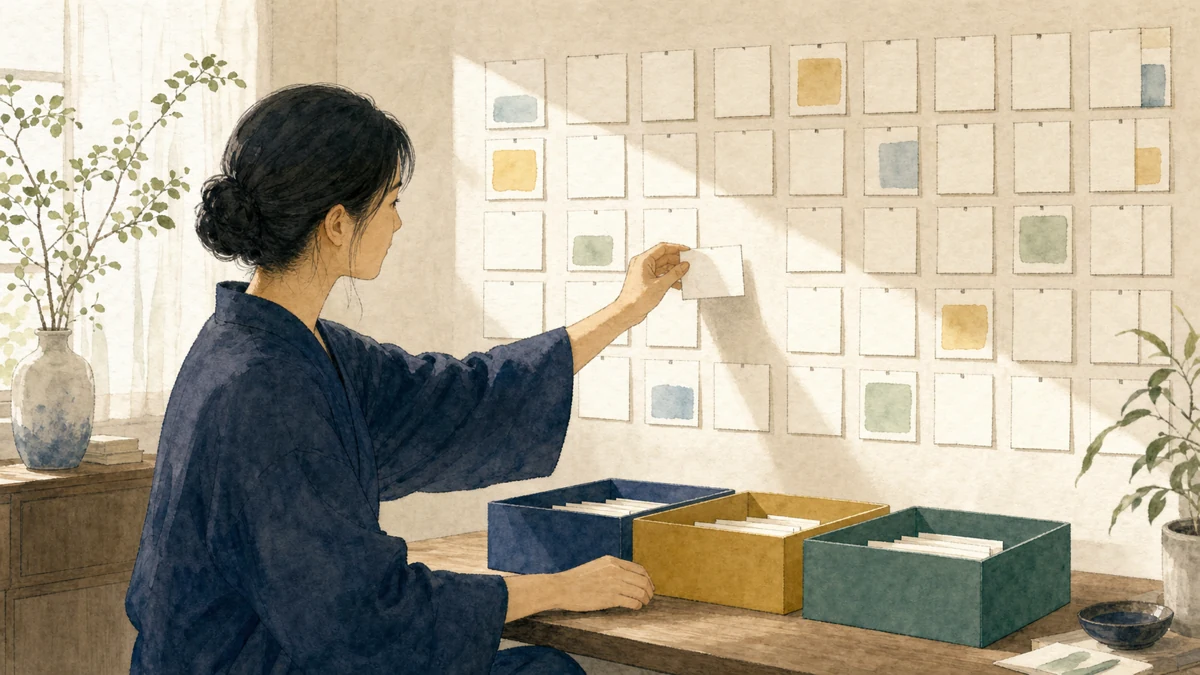 一人が90日分の参加記録カードを壁面から外し、継続・条件変更・役割終了を示す三色の箱へ分類している場面