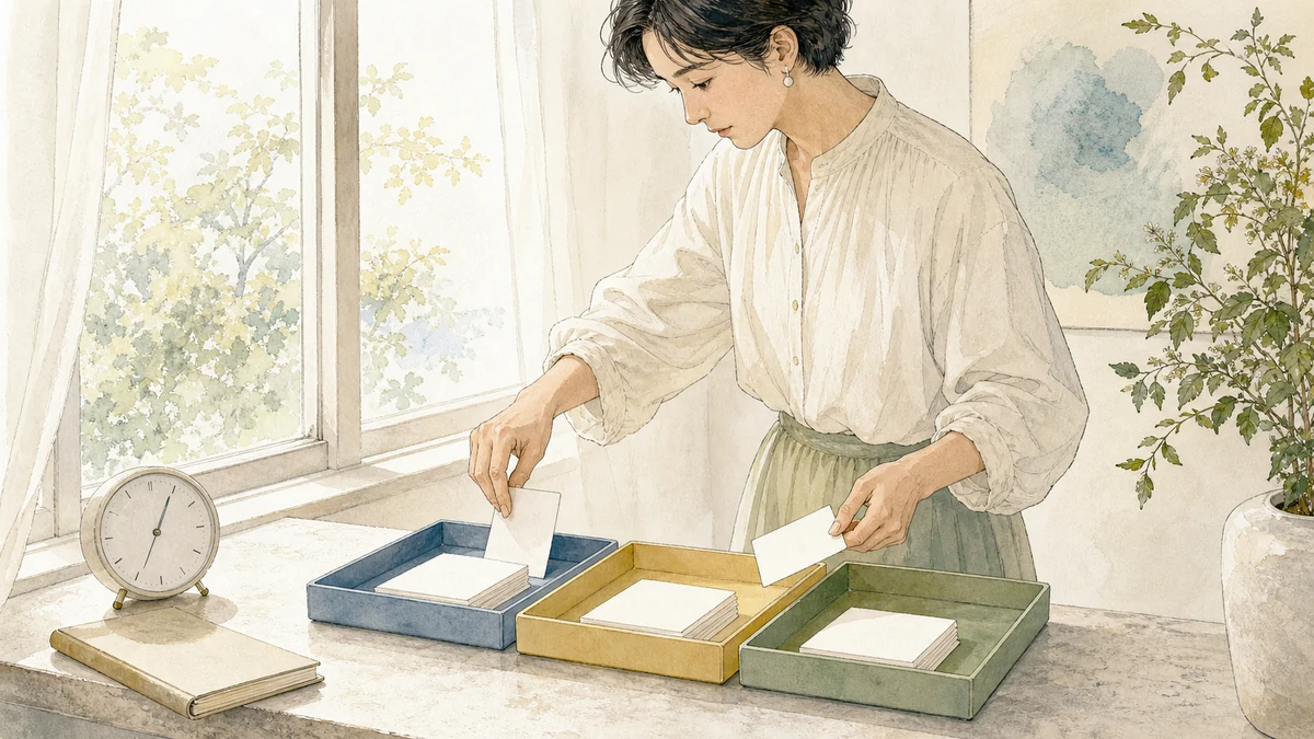 一人が朝の窓辺で無地の記録カードを三つの色分けした欄へ置き、時計と閉じたノートを見ながら前夜の反応を整理している場面