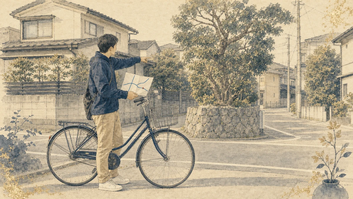 住宅街の交差点で自転車を止め、近所の地図と目印を照合する人