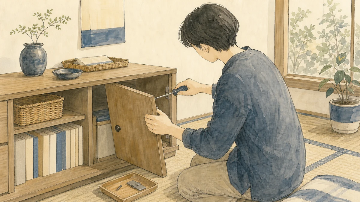棚の扉の蝶番を締め、生活の拠点を整える人