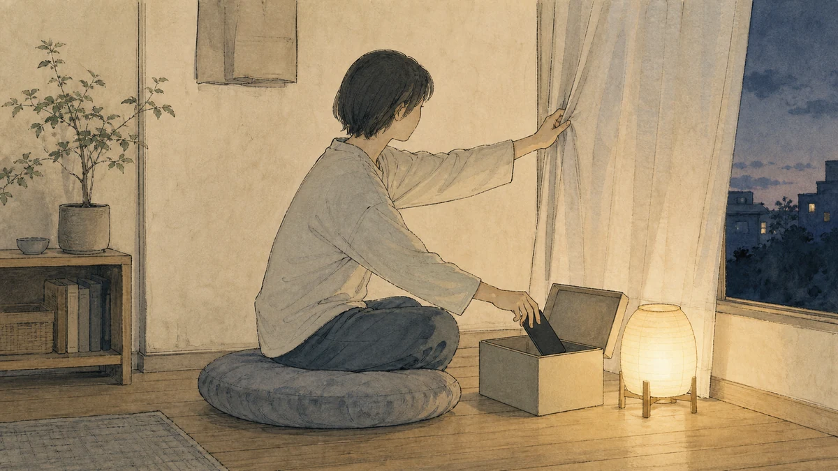 部屋の一角で照明と座る場所を整え、静かに休める空間をつくる人