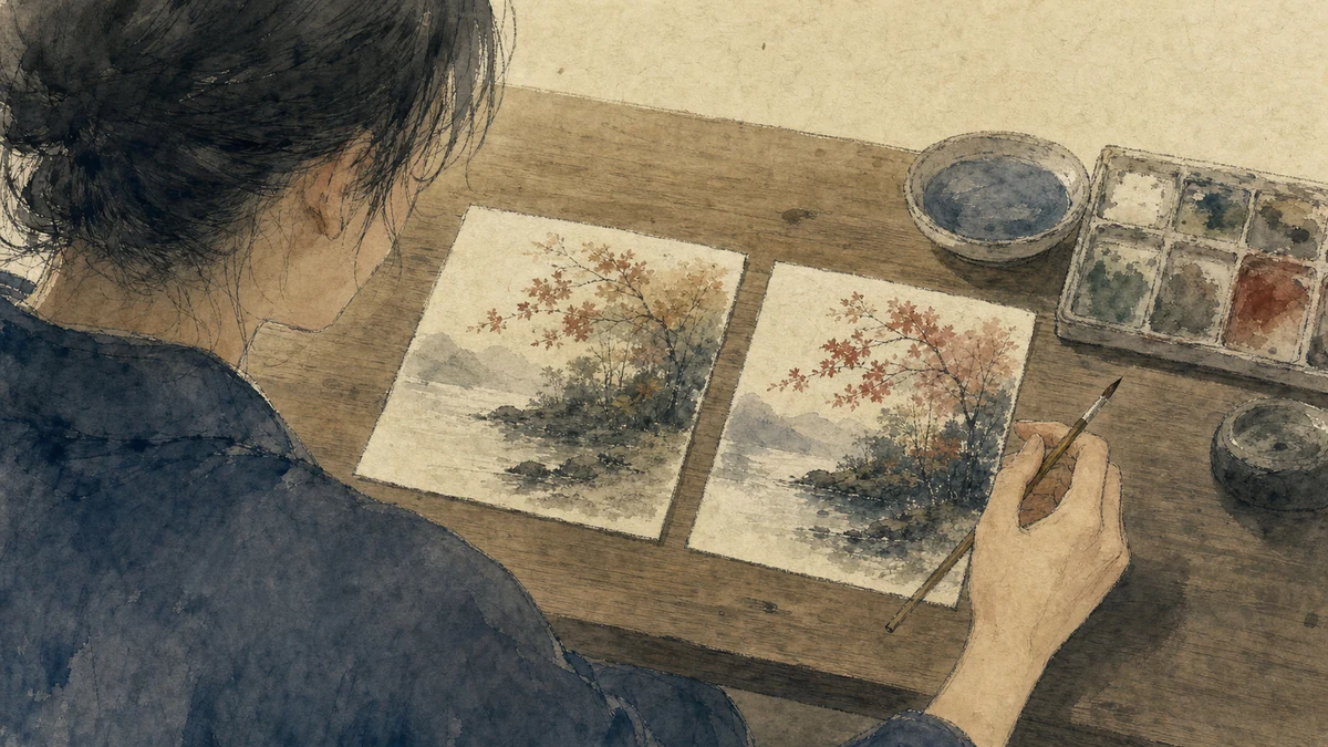 紙と絵の具で小さな作品を試作し、二つの案を見比べる人
