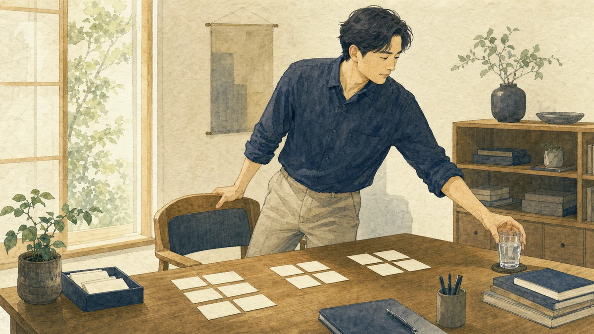 机の前で作業カードを小さな単位に並べ替え、休憩のために椅子から立ち上がる人