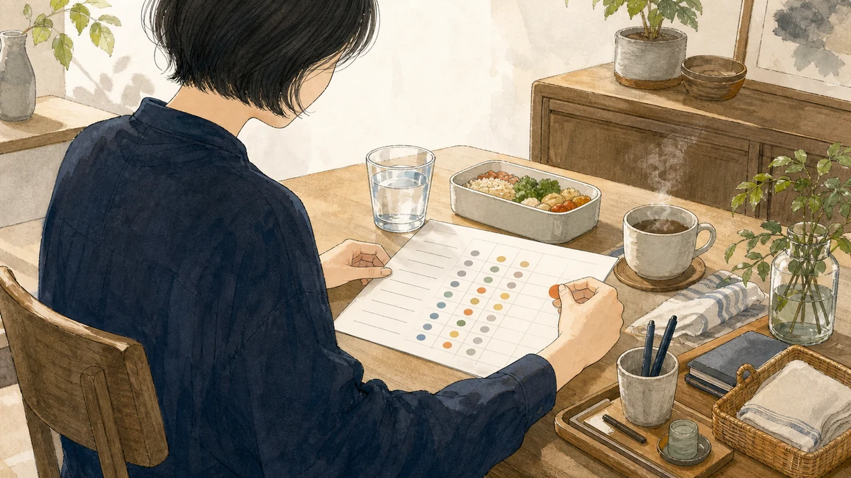 食事・水分・休憩の道具を机に整え、無理のない一週間の生活記録を見直す人