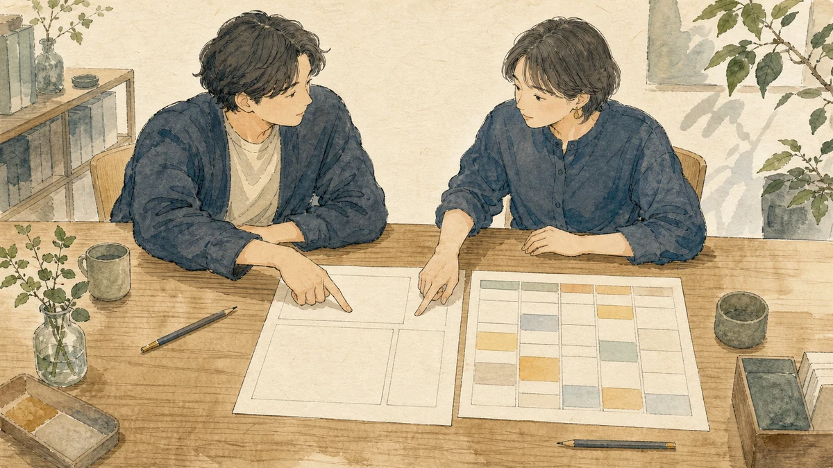 向かい合う二人が契約書と予定表を指しながら、役割と期限を一緒に確認している場面