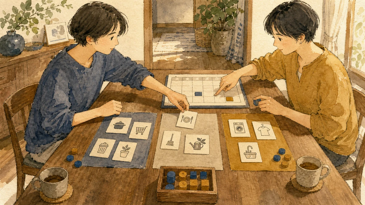 同じテーブルで二人が家事カードと予定を分け、互いに指差して一か月の分担を見直している場面