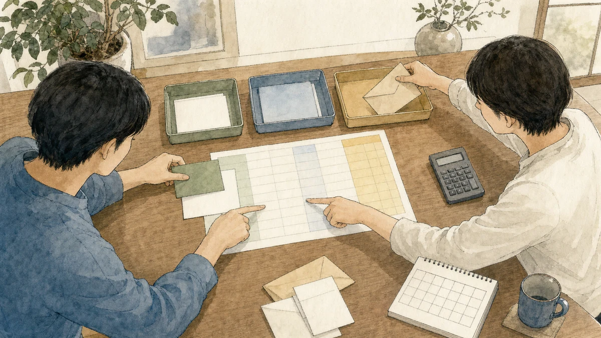 二人が共同費用の無地の表を指し、確認済みのカードと未確認の封筒を別のトレーへ分けている場面