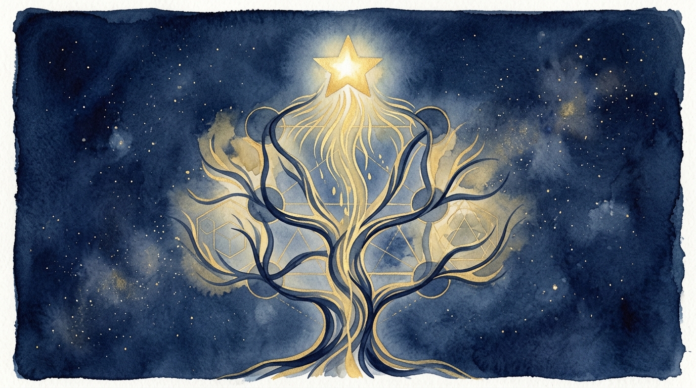 ケテル（王冠）の象徴：純粋な始まりの光が生命の樹の頂点で輝くイメージ