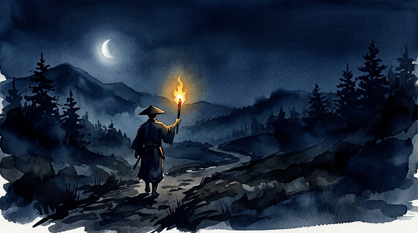 一人で月光の道を歩む象徴的なイラスト：自分の判断軸で歩むイメージ