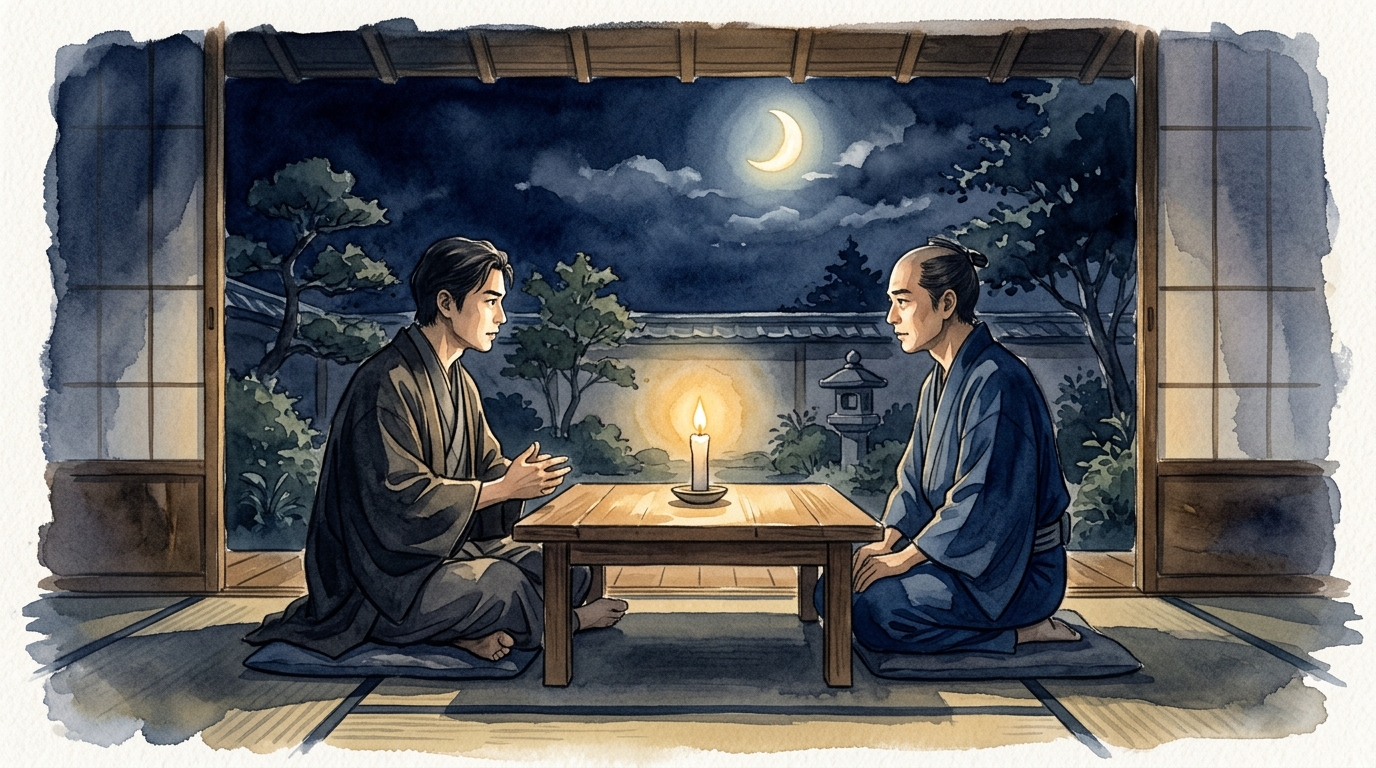 ろうそくを挟んで月光の下で深い対話を交わす2人の象徴的なイラスト