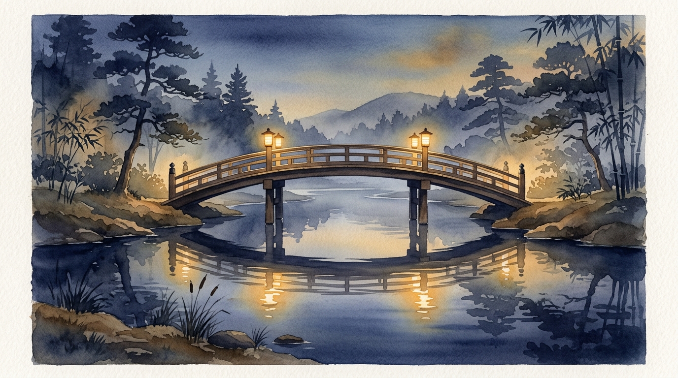 対極を結ぶ橋と灯篭の光が水面に映る象徴的なイラスト：異なる立場をつなぐ覚醒数2のテーマ
