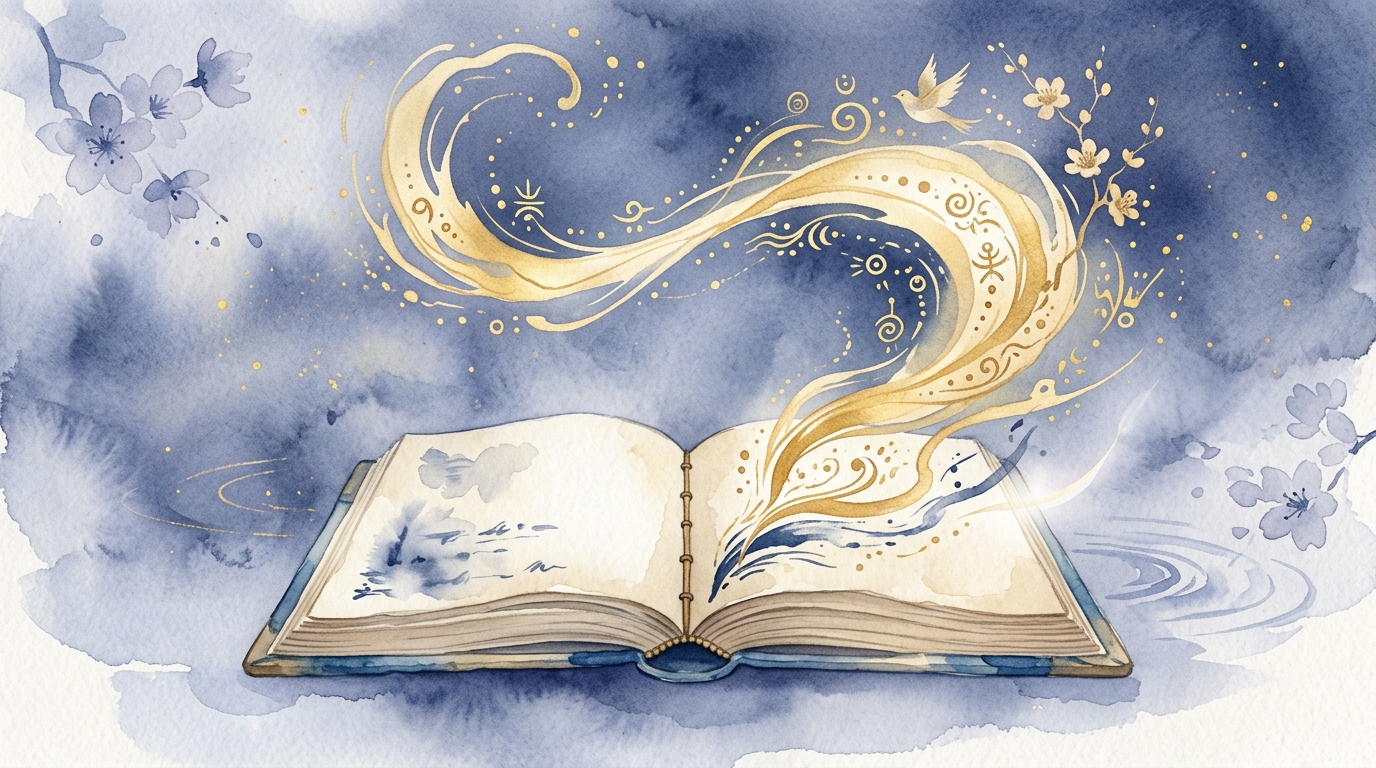 ノートから創造的なアイデアが金色のインクとして流れ出すイメージ：覚醒数3の「創造を通じた自己理解」を象徴