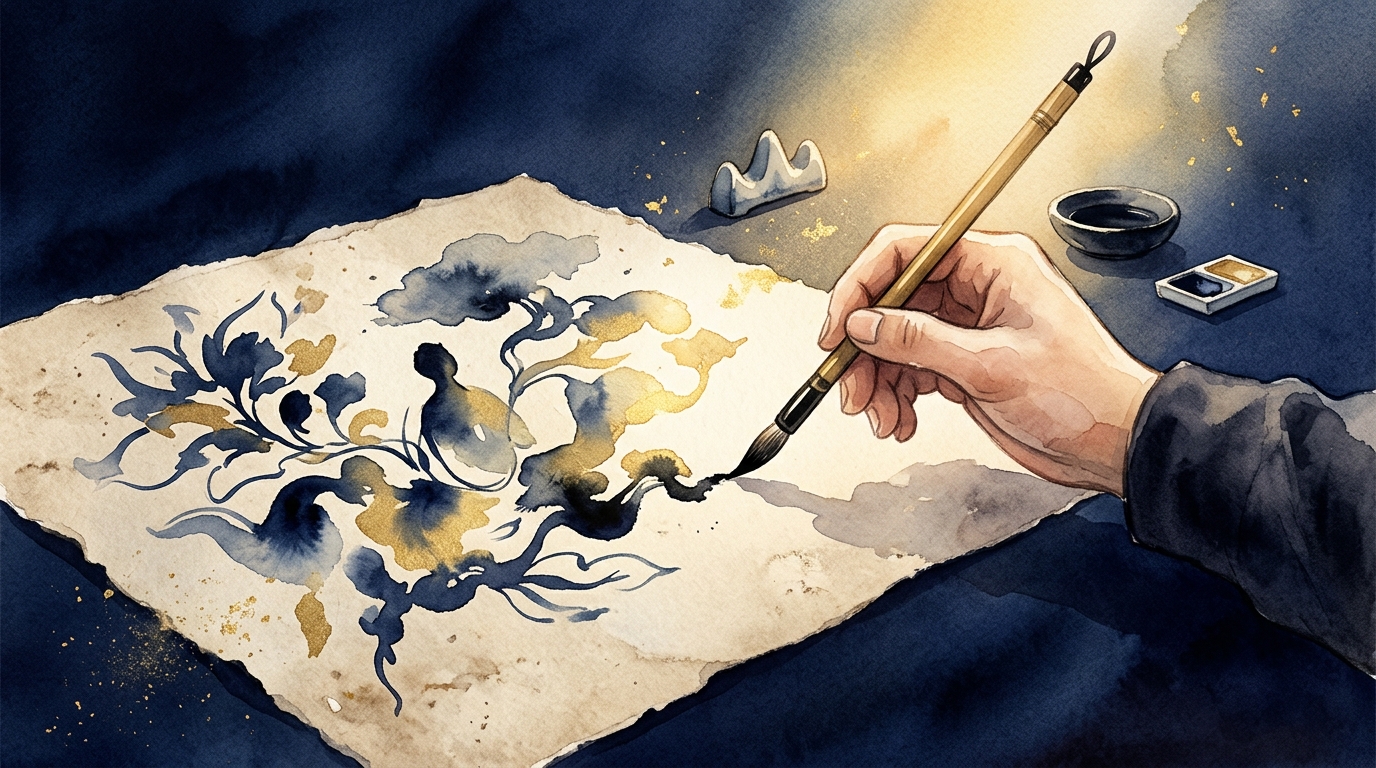 筆を持つ手が絵を描く創造的なイメージ：形にする過程で自己理解が深まることを象徴