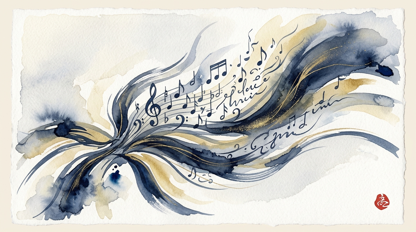 言葉・音楽・筆触が調和して流れ出す多媒体表現の象徴的なイラスト