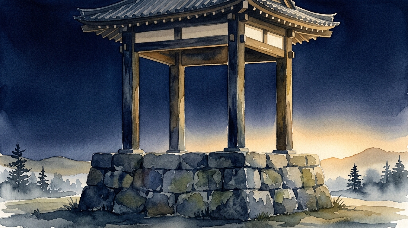 四本の柱が立ち上がる安定した基盤の象徴的なイラスト：覚醒数4の「秩序と信頼」のテーマを表現