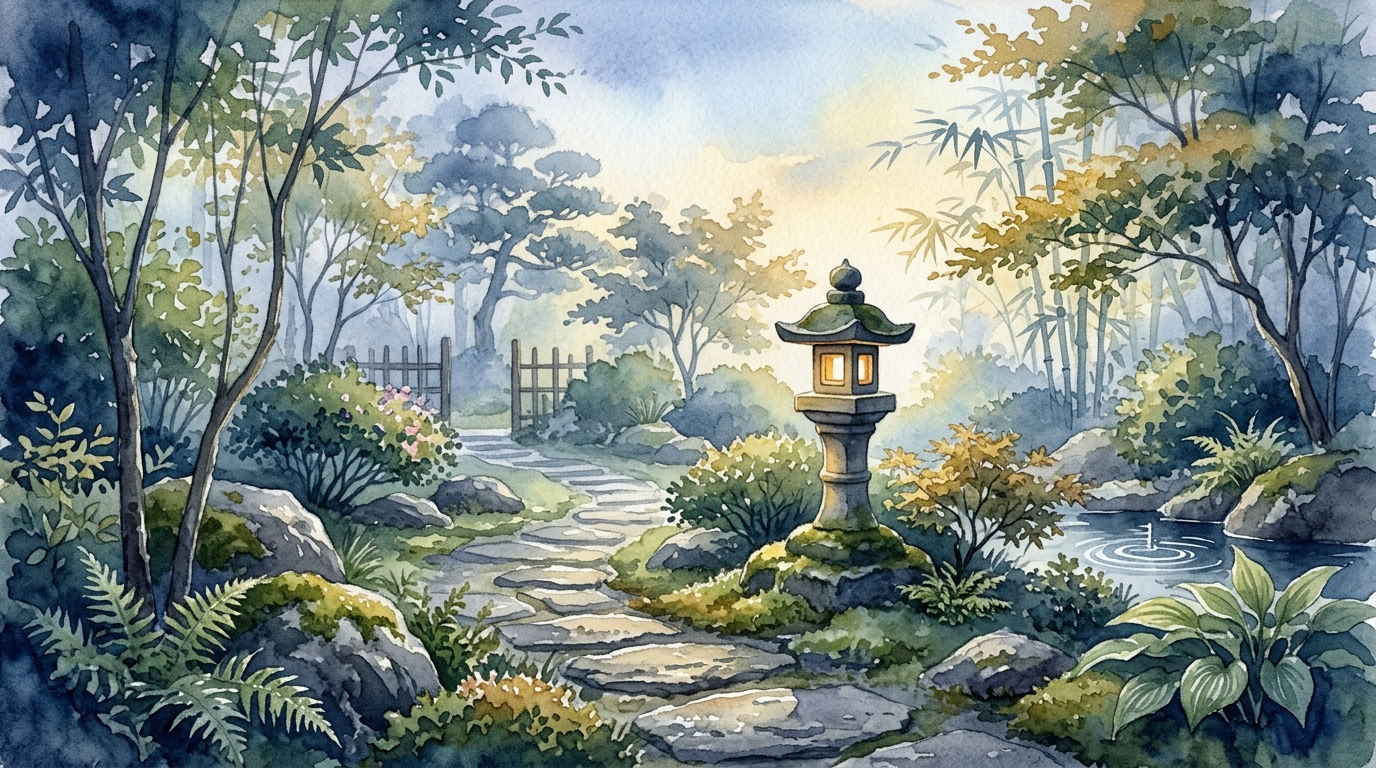 朝の静かな庭と石の小道、灯篭のイラスト：日々のルーティンと持続する穏やかさを象徴