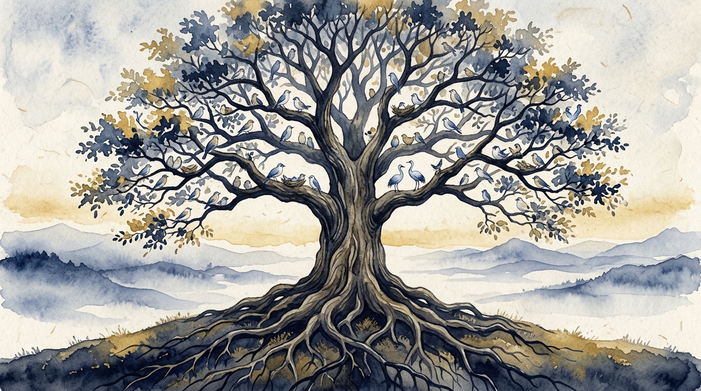 深い根を張った大樹と憩う鳥たちのイラスト：覚醒数4の長期的な信頼の蓄積と分け与える働きを象徴