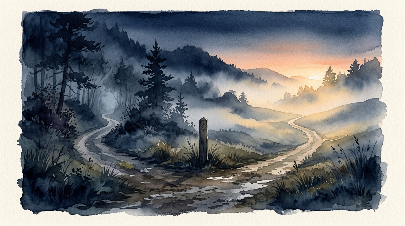 夜明けの分かれ道のイラスト：覚醒数5の「変容と境界」のテーマを象徴