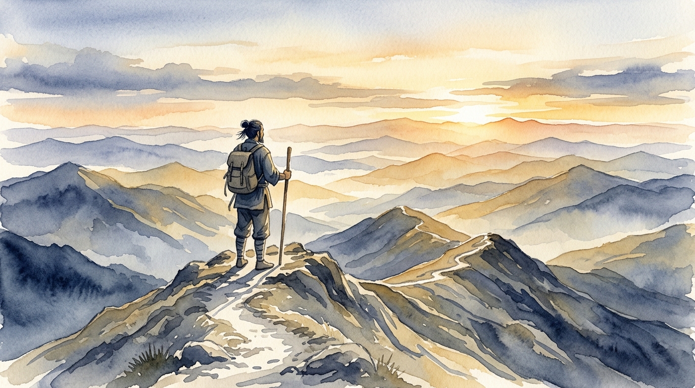 山の尾根に立つ旅人と複数の地平線のイラスト：覚醒数5の多領域経験と継続的な変容を象徴