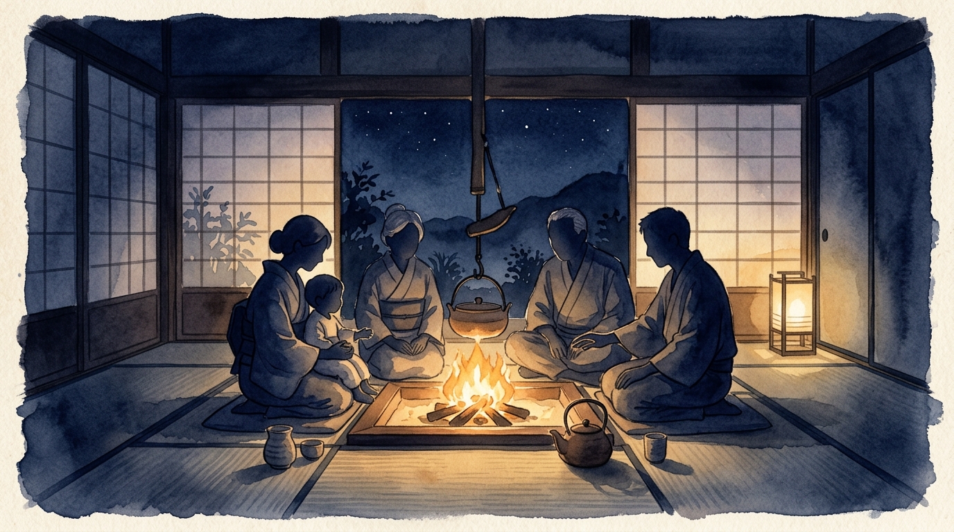 暖炉の灯りを囲む家族のシルエット：覚醒数6の「条件を手放した愛情」のテーマを象徴