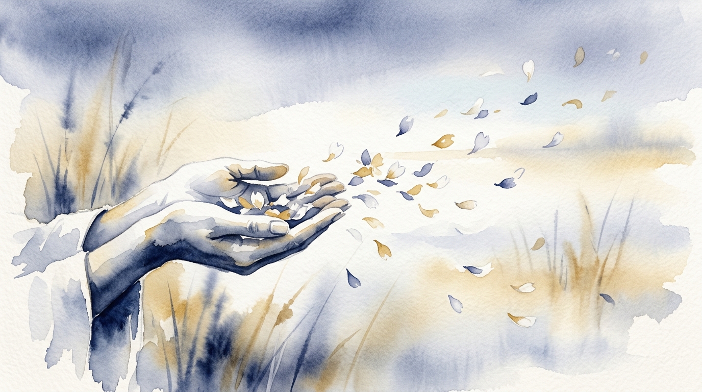 手のひらから花びらをそっと風に放すイメージ：条件と判断を手放す覚醒数6のテーマを象徴