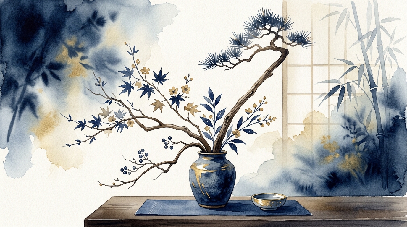 3 本の枝が調和して活けられた生け花のイラスト：覚醒数6の美と調和の感性を象徴