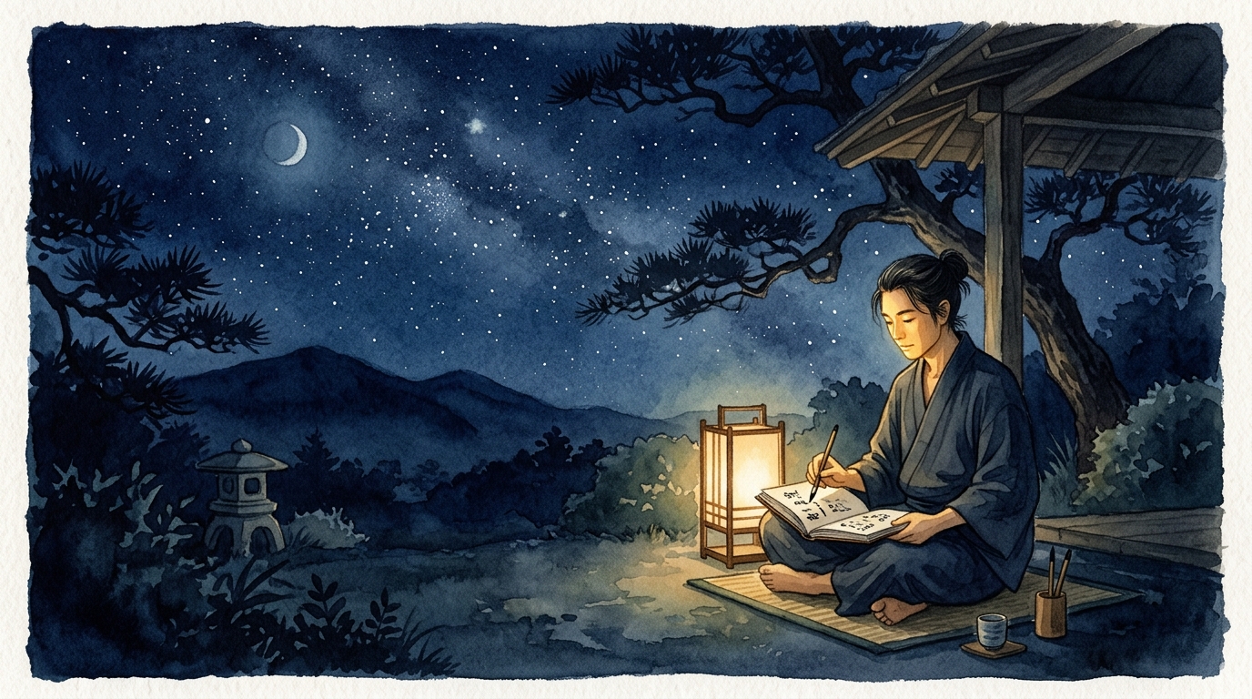 星空の下で一人ノートに気づきを書き留める人物のイラスト：覚醒数7の「内なる知恵への信頼」を象徴