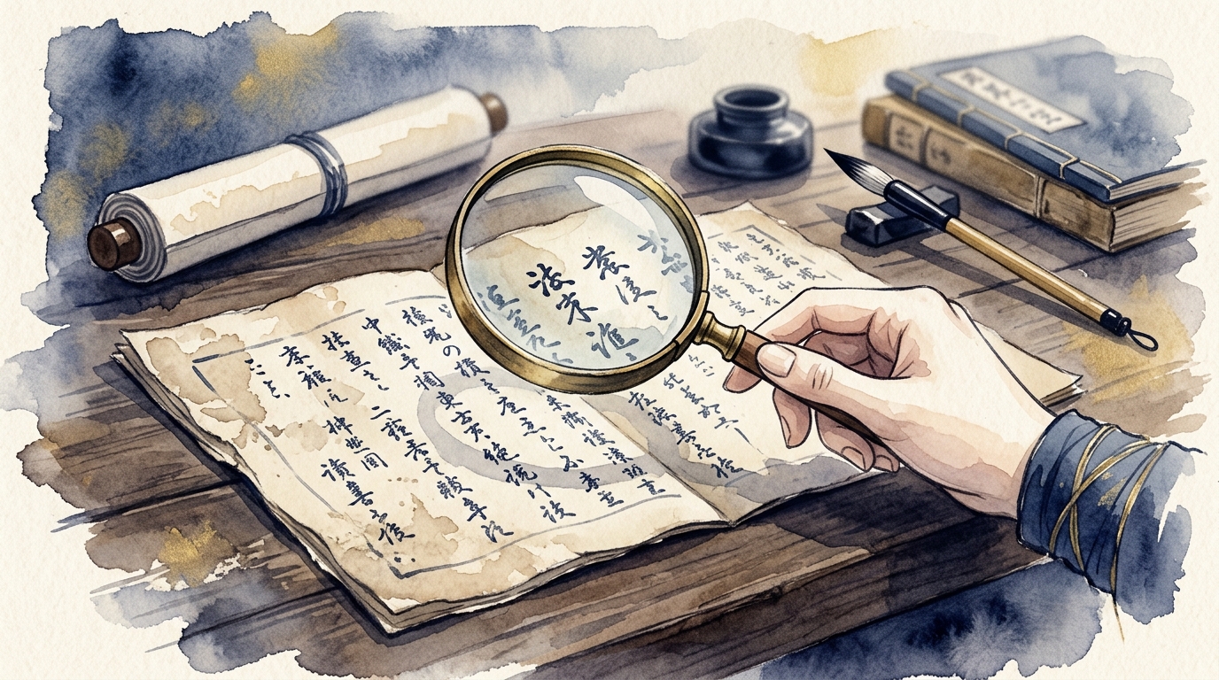 原典資料を虫眼鏡で読み解くイラスト：一次資料に当たる習慣を象徴