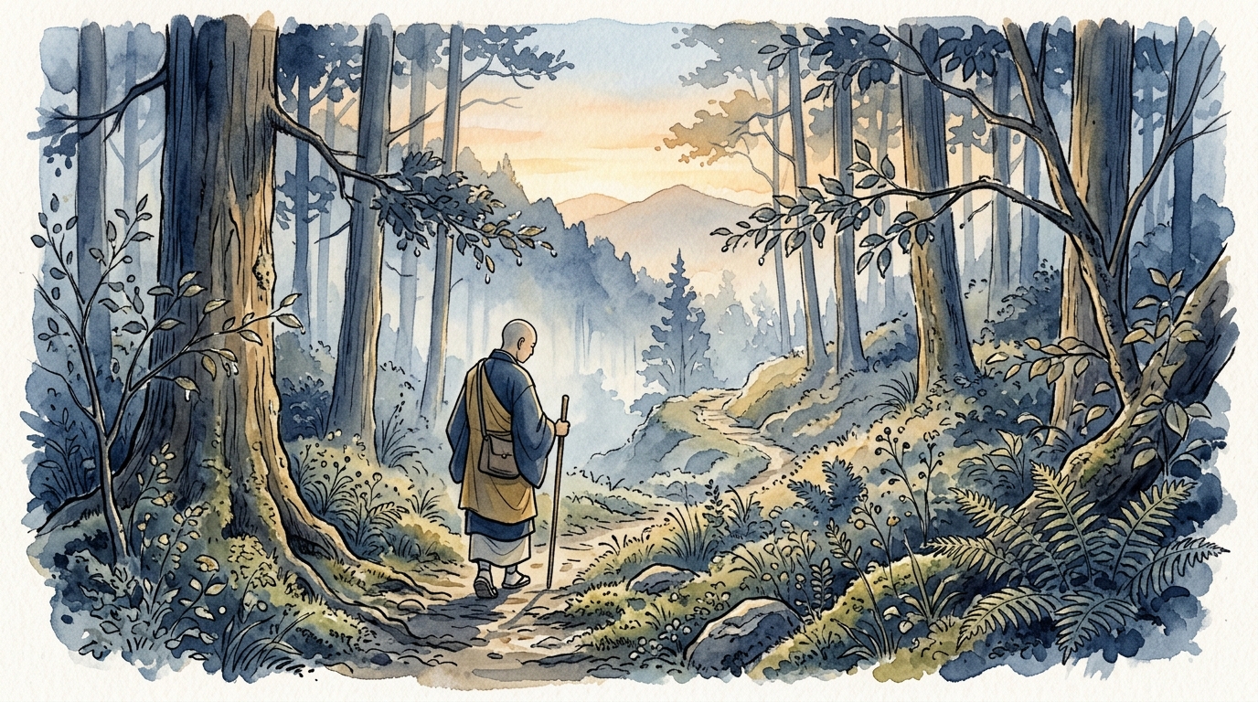 夜明けの森を一人で歩く旅人のイラスト：単独時間と直接観察の象徴