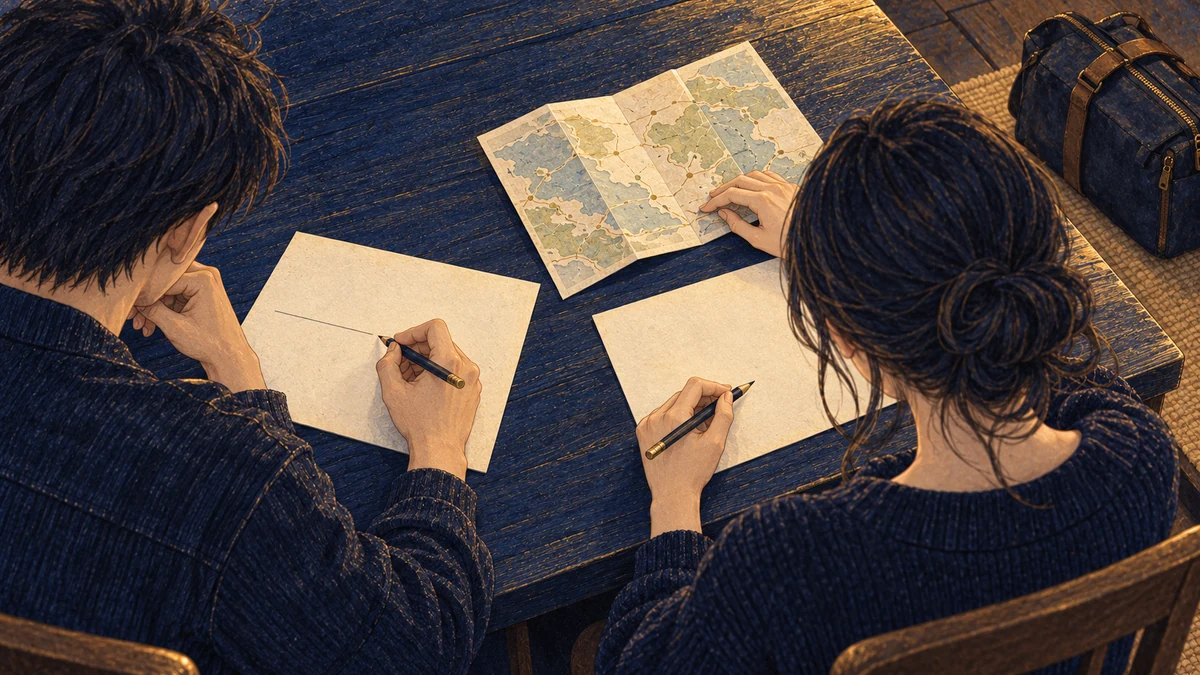 2人が地図を広げ、旅行の希望を別々の紙に書く
