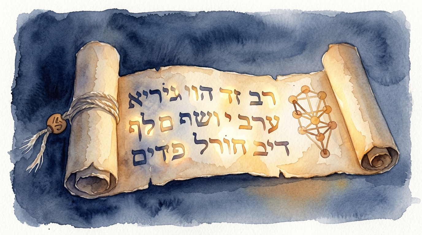 古代カバラの伝承を象徴する巻物と生命の樹のスケッチ